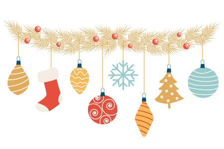 Garland with Christmas ornaments and baubles decorated with patterns. Hand drawn vector flat illustration isolated on white. Great for Xmas and New year greeting cards, posters.のイラスト素材