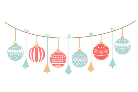 Garland with Christmas ornaments and baubles decorated with patterns. Hand drawn vector flat illustration isolated on white. Great for Xmas and New year greeting cards, posters.のイラスト素材