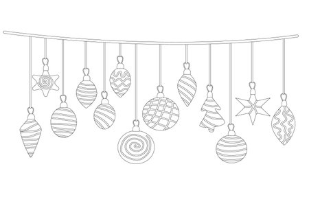 Garland with Christmas ornaments or baubles decorated with patterns. Contour drawing vector illustration isolated on white. Black outline. Great for coloring, Xmas and New year greeting cardsのイラスト素材
