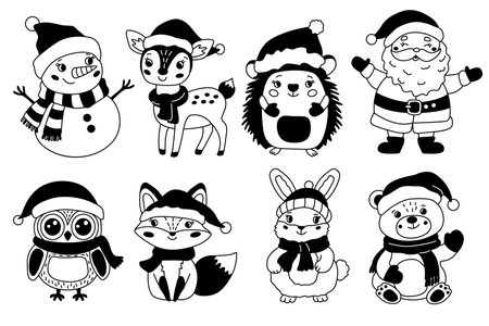 Doodle Christmas winter set with cute baby forest animals with Santa Clause and snowman. Vector hand drawn illustration, isolated black outline.のイラスト素材