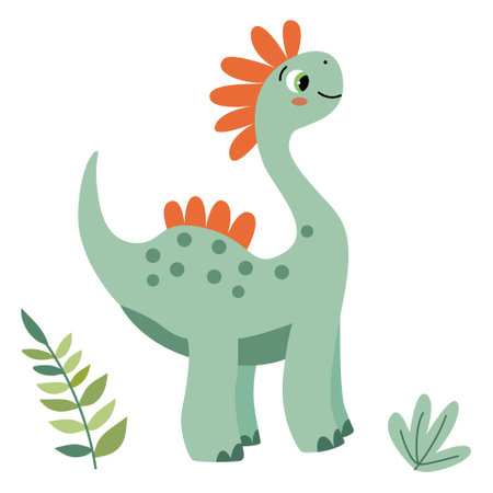 Vector illustration of a adorable green dinosaur in a flat style. Friendly and playful design is ideal for children's books, t-shirt, nursery decor, greeting cards, party invitationsのイラスト素材