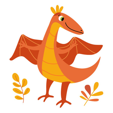 Cute smiling dinosaur with wings in a flat vector style. Friendly and playful design is ideal for children's books, t-shirt, nursery decor, greeting cards, party invitationsのイラスト素材