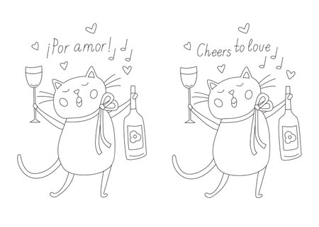 Card with a funny cat holding a bottle of wine and a glass. Cheers to Love in both Spanish and English hand drawn lettering, black outline doodle illustration for coloring and Valentine's day cardのイラスト素材