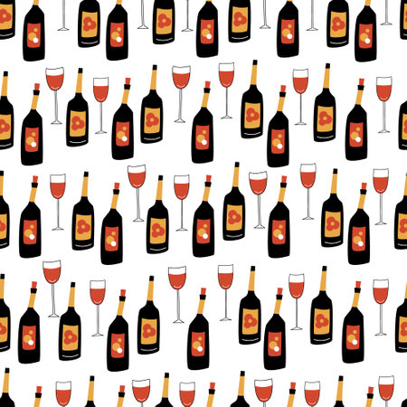 Seamless pattern featuring red wine glasses and bottles on a white background. Perfect for party invitations, festive packaging, wine-related branding projects. Hand drawn vector illustrationのイラスト素材