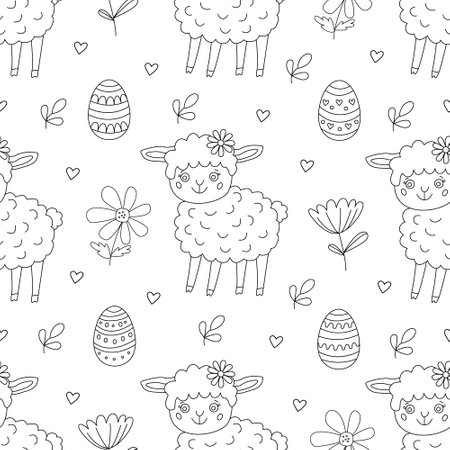 Spring seamless pattern with Easter eggs, flowers and little funny lambs. Vector illustration in doodle hand drawn style, black outline. Great for coloring, wrapping paperのイラスト素材