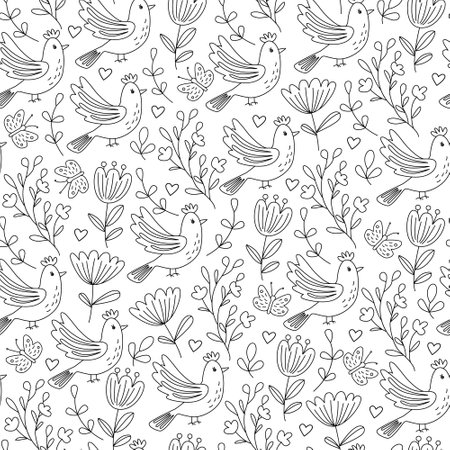 Spring seamless pattern with birds and flowers. Vector illustration in doodle hand drawn style, black outline. Great for coloring, wrapping paperのイラスト素材