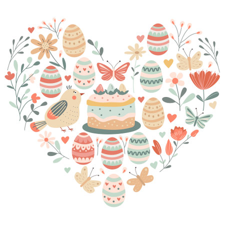 Heart shaped Easter illustration with decorated eggs, flowers, butterflies, birds, easter cake in...