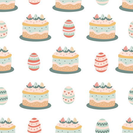 Seamless pattern with decorative Easter eggs and cakes on white background. Vector illustration in...