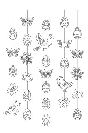 Festive vertical Easter garland illustration with decorated eggs, butterflies, birds and flowers. Vector illustration in hand drawn doodle style, black outline. Perfect for holiday designs, coloringのイラスト素材