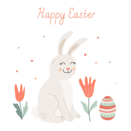 Happy Easter greeting card with a cute smiling bunny with an easter egg and flowers. Vector illustration and lettering in hand drawn flat style, pastel colorsのイラスト素材