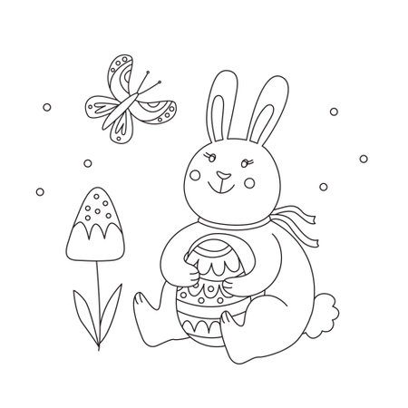 Card with a cute smiling bunny with an easter egg, a butterfly and a flower. Vector illustration in hand drawn doodle style ideal for coloringのイラスト素材