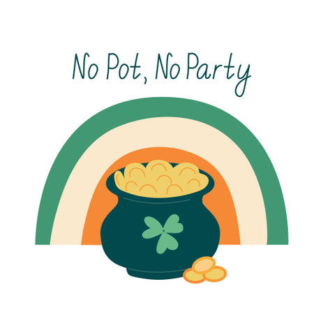 Hand-drawn illustration with a pot of gold, rainbow, and festive lettering. Perfect for greeting cards, posters, and holiday decorationsのイラスト素材