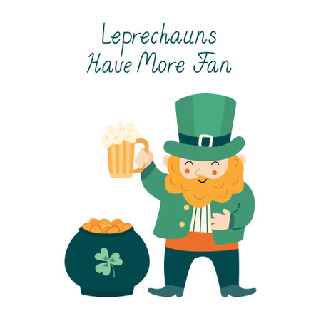 Hand-drawn illustration with a cheerful leprechaun, beer mug, pot of gold, and festive lettering. Perfect for greeting cards, posters, and holiday decorationsのイラスト素材