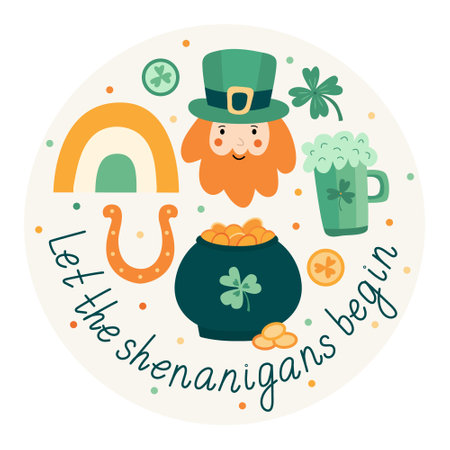 Hand drawn illustration with leprechaun, pot of gold, beer mug, rainbow, horseshoe, and festive lettering Let the shenanigans begin. Perfect for greeting cards, posters for St Patrick's dayのイラスト素材