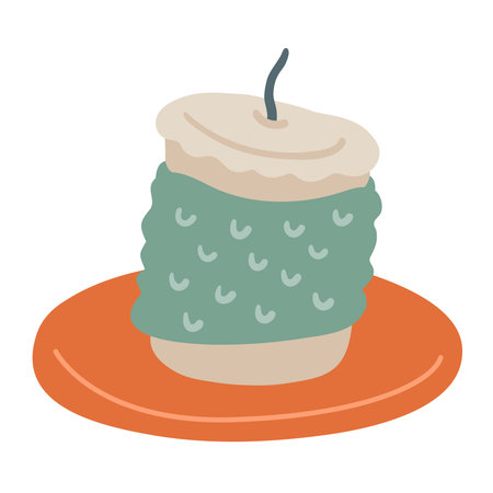 Cozy candle with knitted texture on orange plate. Hand drawn flat vector illustration.のイラスト素材