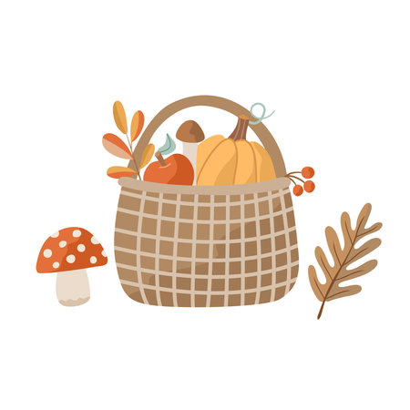 Autumn illustration with a cozy wicker basket filled with seasonal harvest pumpkin, apple, mushrooms, and colorful leaves. Perfect for greeting cards and fall-themed designsのイラスト素材