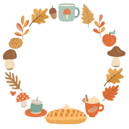 Hand drawn autumn wreath with a pie, coffee mug, cookies, mushrooms, and fall leaves. Ideal for seasonal greeting cards, cozy invitations, or autumn themed designs with editable spaceのイラスト素材