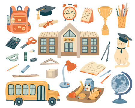 Back to school set with a bus, stationary, breakfast on a tray, backpack, alarm clock. Hand drawn flat style illustration.のイラスト素材