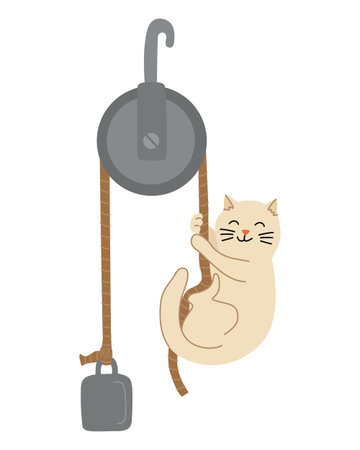 Cat and movable block or wheel with chute hand drawn flat style vector illustration. Back to school theme element, physics science mechanicsのイラスト素材