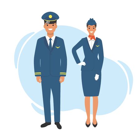 Pilot and stewardess, standing in uniform. Vector illustration, cartoon style.のイラスト素材