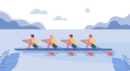 Four athletes swim on a boat. The concept of rowing competitions. Vector illustration, cartoon style.のイラスト素材