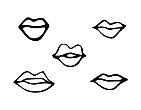 Lips closed and parted in a Doodle style on a white background. Vector, monochrome illustration. It can be used in postcards, invitations, and posters.のイラスト素材