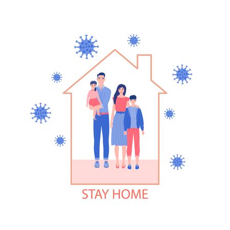 Banner template, stay at home. The family is in self-isolation, the concept of protection from the coronavirus. Vector illustration in a modern style.のイラスト素材