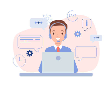 The guy is an operator with headphones and a laptop. Technical support for customers 24-7, phone hotline for business. Vector illustration in flat style.のイラスト素材