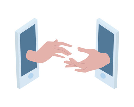 Male and female hand come out of phones and reach for each other, the concept of love and communication at a distance, distancing, video calls, self-isolation. Vector hand-drawn illustration for banners and websites.のイラスト素材