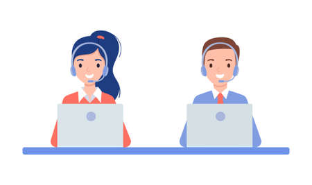 A girl and a guy in headphones, the concept of a call center and online customer support. Vector illustration in flat style.のイラスト素材
