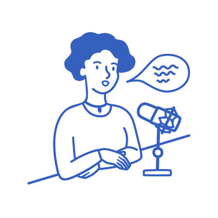 The girl leads a podcast, speaks into a microphone, sitting at a table. Vector hand-drawn illustration in a linear style.のイラスト素材