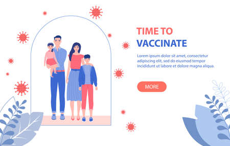 Happy parents with children is protected from viruses and diseases. Good immunity, vaccination and a healthy lifestyle, web-banner. Vector illustration in a flat style.のイラスト素材