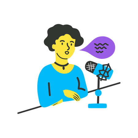 The girl leads a podcast, speaks into a microphone, sitting at a table. Vector hand-drawn illustration in a flat style.のイラスト素材