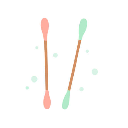 Wooden cotton swabs insulated on white, the concept of ecology, zero waste, natural hygiene products. Vector hand-drawn illustration.のイラスト素材