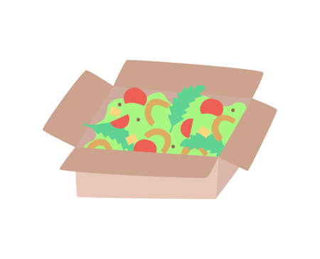 Cardboard lunch box with food, eco friendly, biodegradable, disposable tableware. Vector hand-drawn illustration.のイラスト素材