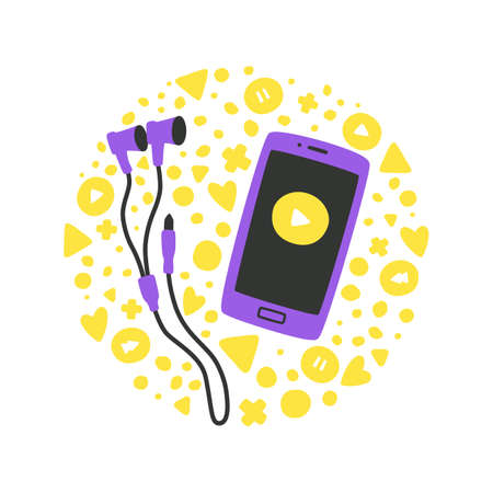 Cute vector illustration with phone and headphones in flat style. Concept listen to music on your smartphone. Modern, hand drawn illustration in bright colors.のイラスト素材