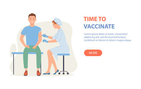 Time to vaccinate banner - doctor vaccinates the guy. Good immunity, vaccination for COVID-19, or influenza. Vector illustration in a flat style.のイラスト素材