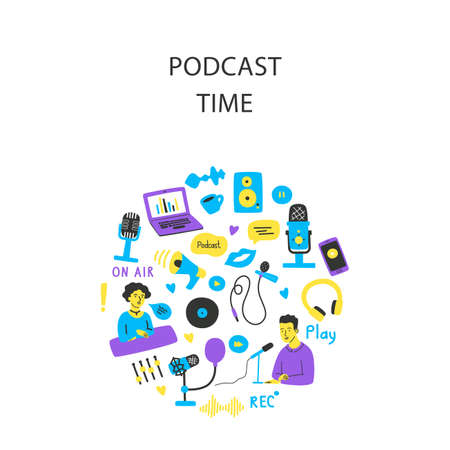 Podcast banner with copy space, various microphones, equipment, headphones, audio, sound images. Vector template in flat style.のイラスト素材