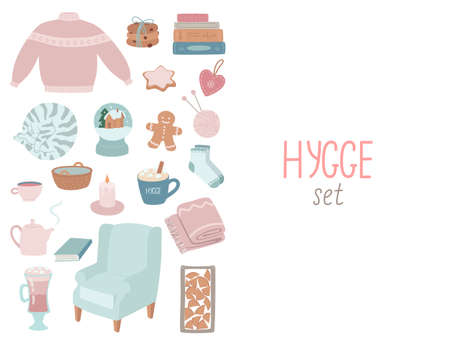 Set of interior items isolated on white, hugge, cozy home, with copy space for your text. Armchair, cups, a blanket, a basket, cookies, a book and more. The concept of coziness and comfort, vector hand-drawn illustration in a cute style.のイラスト素材