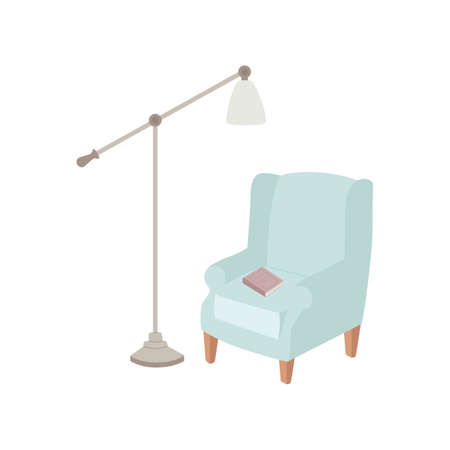 Armchair with a floor lamp and a book, the concept of coziness and comfort, vector .のイラスト素材