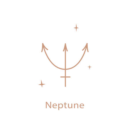 Astrological sign of Neptune cute contour style. Magic card, bohemian design, tattoo, engraving, witch cover.のイラスト素材
