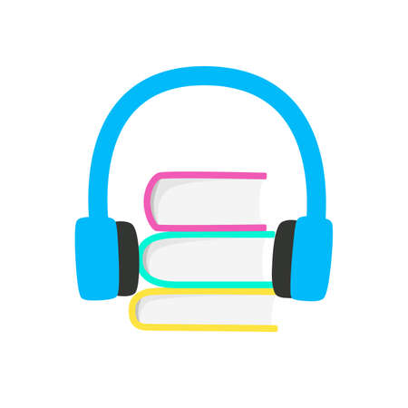 Audiobooks illustration. Color graphic with hard cover books and a headset.のイラスト素材