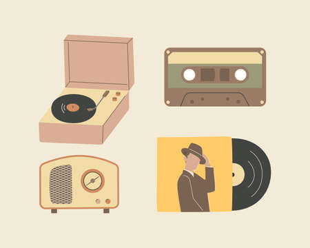 Nostalgia musical equipment, cassette tape and vinyl disc, radio and vinyl record player.のイラスト素材