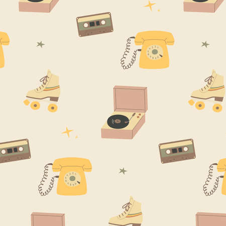 Pattern of objects from the past, roller skates, telephone, tape recorder, gramophone.のイラスト素材