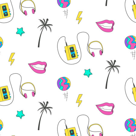 Pattern in the style of the 80s and 90s, with elements and objects of the past. Trending vector background for packaging and websites.のイラスト素材