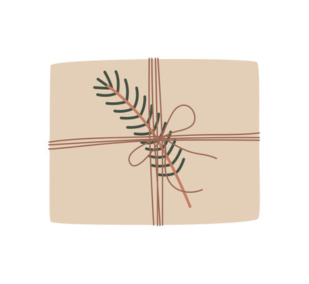 Christmas present in kraft paper with wisted rope and fir twig. Rustic gift boxのイラスト素材
