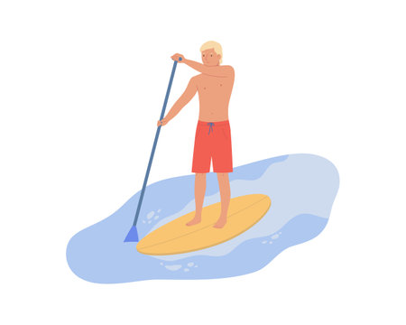 Young man swims on a board with a paddle, the concept of water sports, sapboardingのイラスト素材