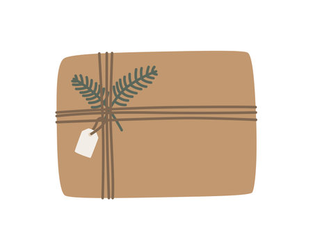 Christmas present in kraft paper with wisted rope and fir twig. Rustic gift boxのイラスト素材