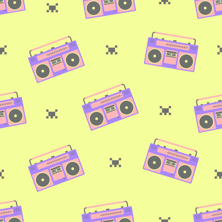 Seamless pattern with a boombox and geometric shapes.のイラスト素材