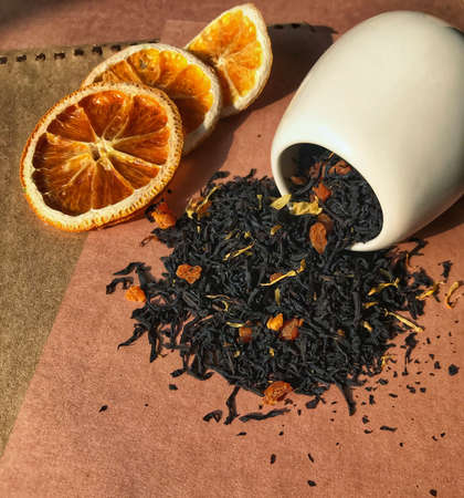 Black tea with peach and orange. The dry productの写真素材